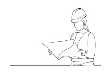 Continuous single line sketch drawing of female woman architect construcstor building or angineer mechanic looking for  blue print paper professional occupation work one line vector illustration
