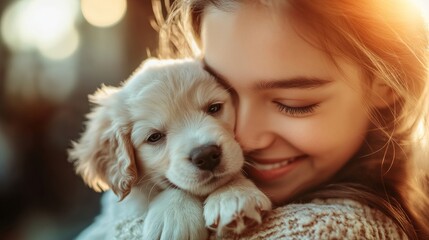 closeup of a woman hugging a happy dog