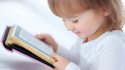 Toddler girl intently reading a book.
