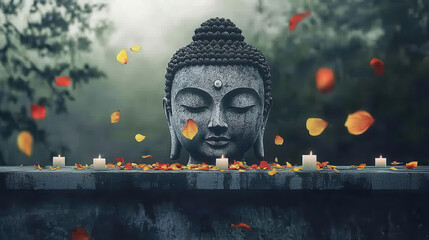 Serene Buddha Sculpture Surrounded by Colorful Petals and Candles
