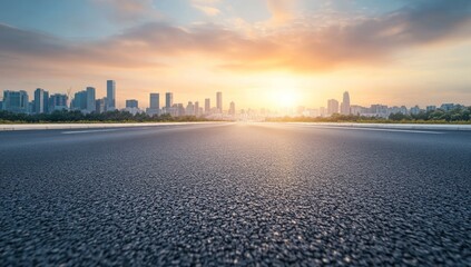 Naklejka premium Sunrise Cityscape: Asphalt Road Leading to a Vibrant Metropolis at Dawn