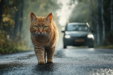 Ginger Cat on a Road in the Forest