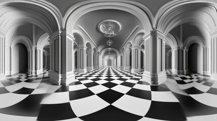 Fototapeta premium Black and white checker board floor abstract environment 3d render illustration