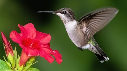 Fototapeta premium Hummingbird Feeding on a Red Flower