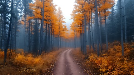Obraz premium Misty autumn road through golden aspen forest