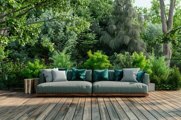 Modern terrace with wooden floor and furniture on amazing green jungle background