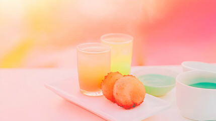 Two colorful drinks with pastries on a white plate.