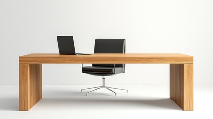 Modern Minimalist Wooden Desk with Black Leather Chair and Laptop