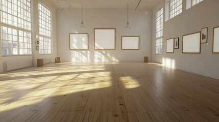 Obraz premium Big white bright loft room architecture render 3d illustration with shiny wooden floor and white textured walls day and empty blank picture frames copyspace on the wall to add your content