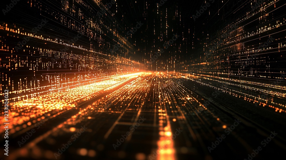Poster digital cityscape glowing orange lines and data streams