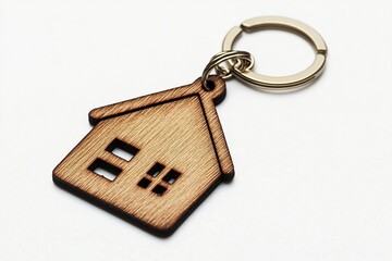 Wooden keychain house shaped on white background