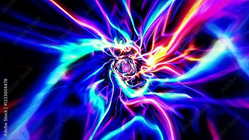 Poster vibrant cosmic swirl. mesmerizing neon energy vortex. psychedelic abstract light animation. colorful
