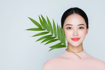 Fototapeta premium Portrait of a young woman with a green palm leaf, soft pink outfit, radiant skin, soft white background, minimalistic and stylish beauty concept, natural and fresh aesthetic