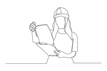 Continuous single line sketch drawing of female woman architect construcstor building or angineer mechanic looking for  blue print paper professional occupation work one line vector illustration