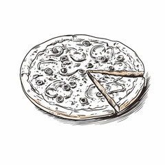 Mexican pizza with one slice cut off, in a white plate, front view, black and white sketch, icon, isolated on a white background, minimalism, close-up, without people, concept, printable