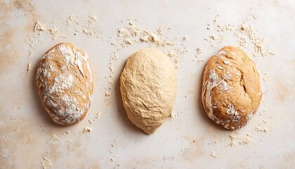 Raw dough shaped baked and presented as golden crusty bread capturing each stage