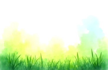 Fototapeta premium Green watercolor grass on light background. Copy space