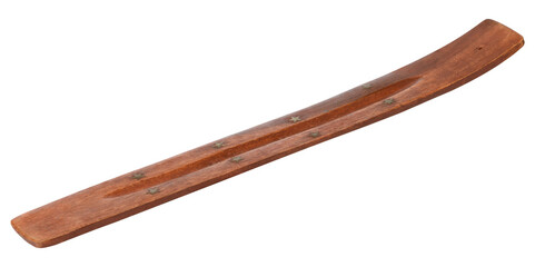Wooden incense stand with curved shape and a recess for collecting ash. Used for aromatherapy and meditation.