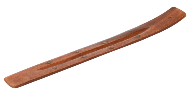 Wooden incense stand with curved shape and a recess for collecting ash. Used for aromatherapy and meditation.