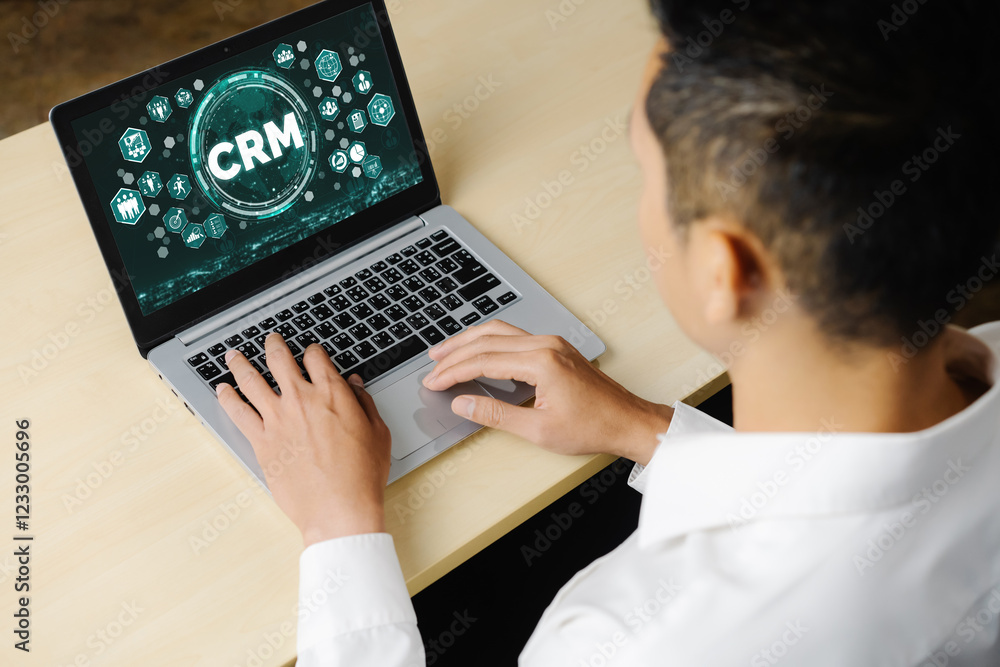 Poster customer relationship management system on modish computer for crm business and enterprise