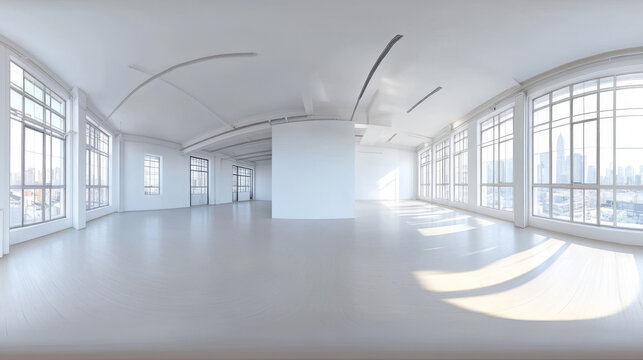 Modern white empty business office loft apartment interior full 360 degree panorama in equirectangular 3d render illustration