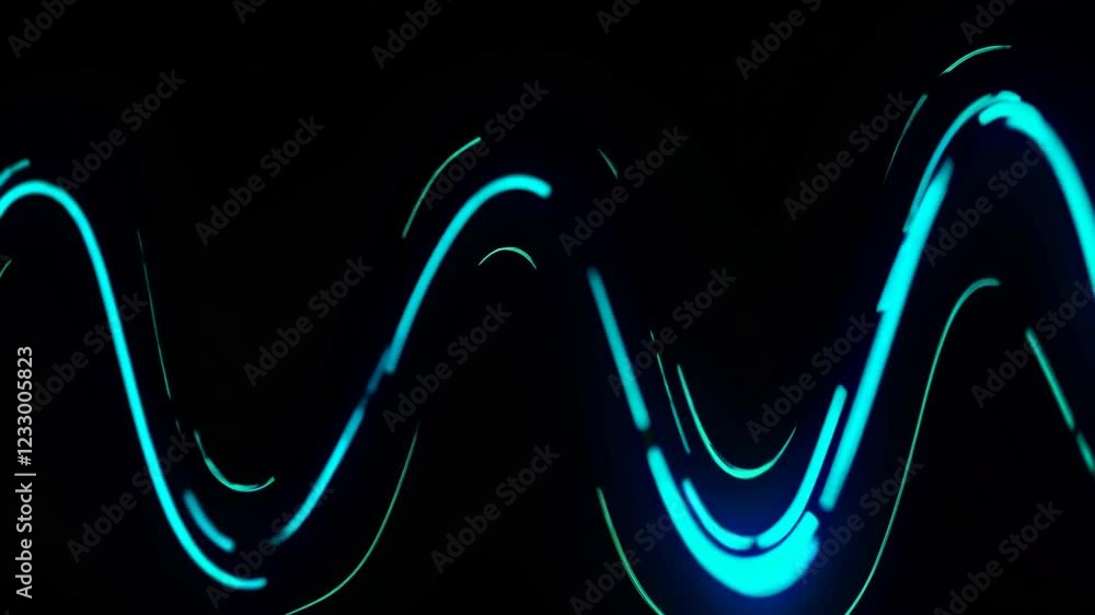 Poster neon blue waves. glowing sinusoidal light pattern on dark background. dynamic luminous curves. abstr