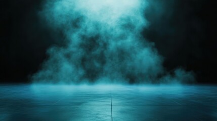Empty dark room with smoke and blue light, mysterious background