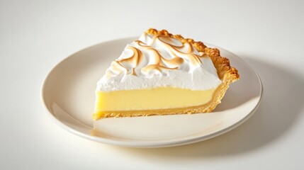 A slice of classic lemon meringue pie with a crisp crust and fluffy meringue topping, placed on a plain white plate, Slice centered with a slightly angled view