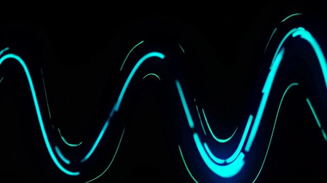 Neon blue waves. Glowing sinusoidal light pattern on dark background. Dynamic luminous curves. Abstract electric energy visualization. Futuristic motion graphic design