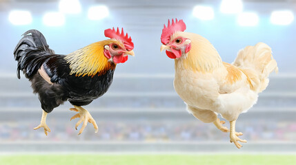 Fototapeta premium Two roosters facing each other in a stadium. (1)