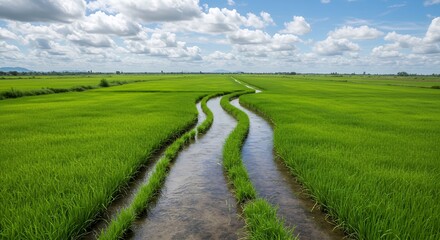 Serene Rice Paddy Fields with Irrigation Canals