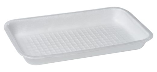 White disposable polystyrene foam rectangular plate for packaging vegetables and meat on a white isolated background