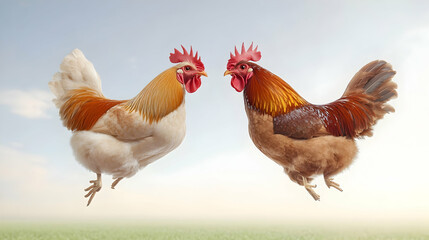 Fototapeta premium Two roosters facing each other mid-air against a sky background.