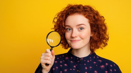 woman with curly red hair holding a magnifying glass