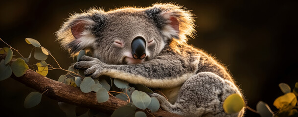 A koala joey dozes peacefully while hugging a eucalyptus branch, bathed in soft sunlight. The moment highlights the gentle nature and serenity of this adorable animal
