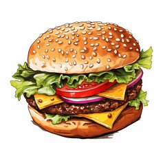 Burger sandwich hand drawn sketch food, restaurant business concept, engraving color illustration, a badge, icon, isolated on a white background, no people