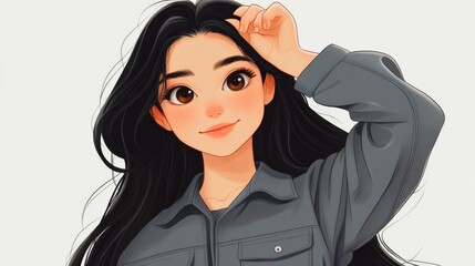 cute anime girl with long black hair and grey jacket