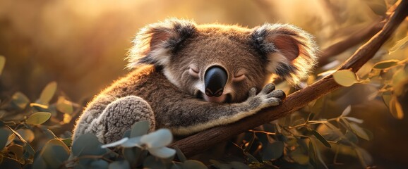 Fototapeta premium A cuddly koala joey peacefully hugs a eucalyptus branch. Soft morning light bathes the scene, highlighting the cuteness of the young marsupial nestled among leaves