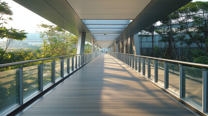 Obraz premium empty long vanishing walkway with reflecting surface and bright lighting 3d render illustration