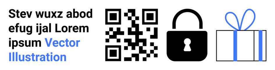 QR code next to padlock symbol and gift box illustration. Ideal for security, digital transactions, encryption, gifts, rewards, data protection, online shopping. Landing page