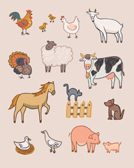 Farm animals  cartoon vector illustrations set.