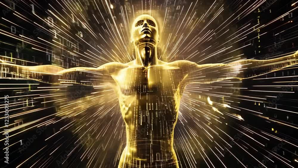 Aufkleber a glowing figure stands with arms outstretched among streams of golden light and binary code, symbol