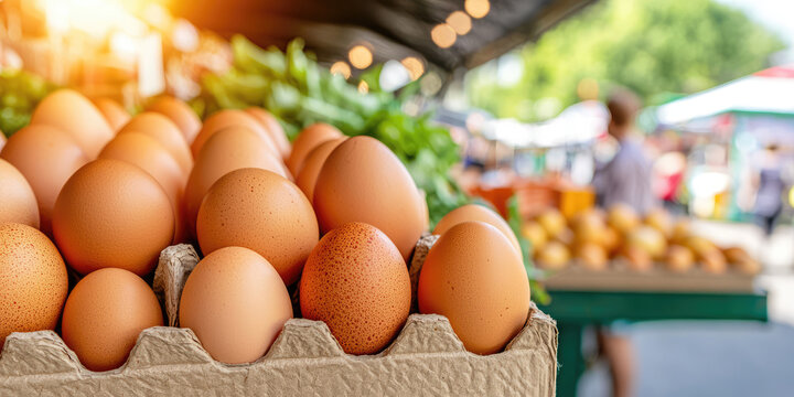 Selection of fresh eggs on a cardboard stand at an outdoor fair. Concept of subsistence farming or Risk of getting infected with Salmonellosis