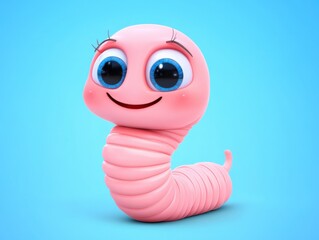 cute cartoon worm with big blue eyes on a blue background