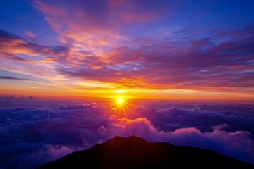 This breathtaking sunset unfolds from a mountain peak, casting vibrant colors across the sky. The view symbolizes hope and renewal, inviting reflection and inspiration