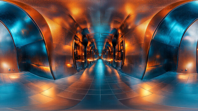 360 spherical panorama environment map of abstract futuristic geometry hall with metallic surface and warm and blue lighting 3d render illustration hdri hdr vr content