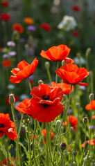 Naklejka premium red poppies in the flowerbed in summer, digital art, with white tones