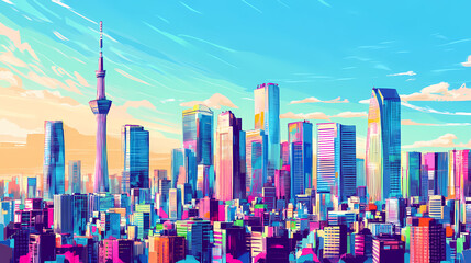 Colorful skyscrapers in pastel shades create vibrant city skyline against bright blue sky. Shaded Horizon. Illustration