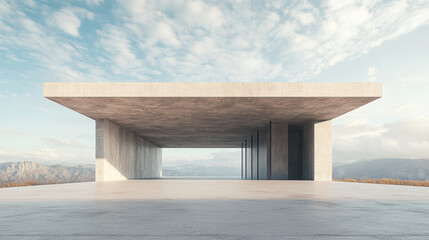 empty abstract concrete building with open top and sky 3d render illustration
