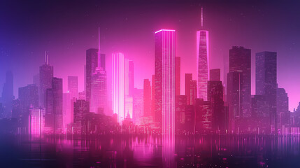 Neon horizon: twin cities skyline with illuminated skyscrapers, futuristic, vibrant, pink and purple. Shaded Horizon. Illustration